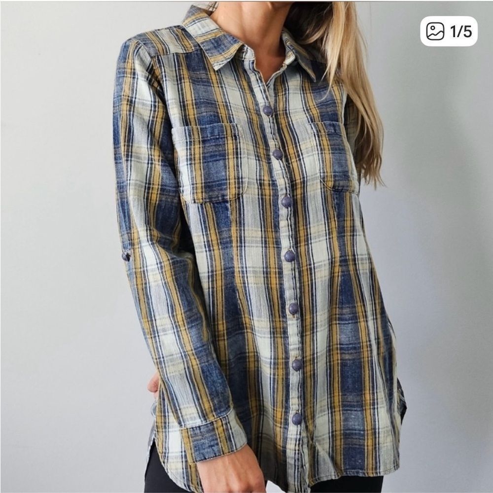Soft Surroundings Plaid Floral Button Up Long Sleeve Tunic Shirt Large